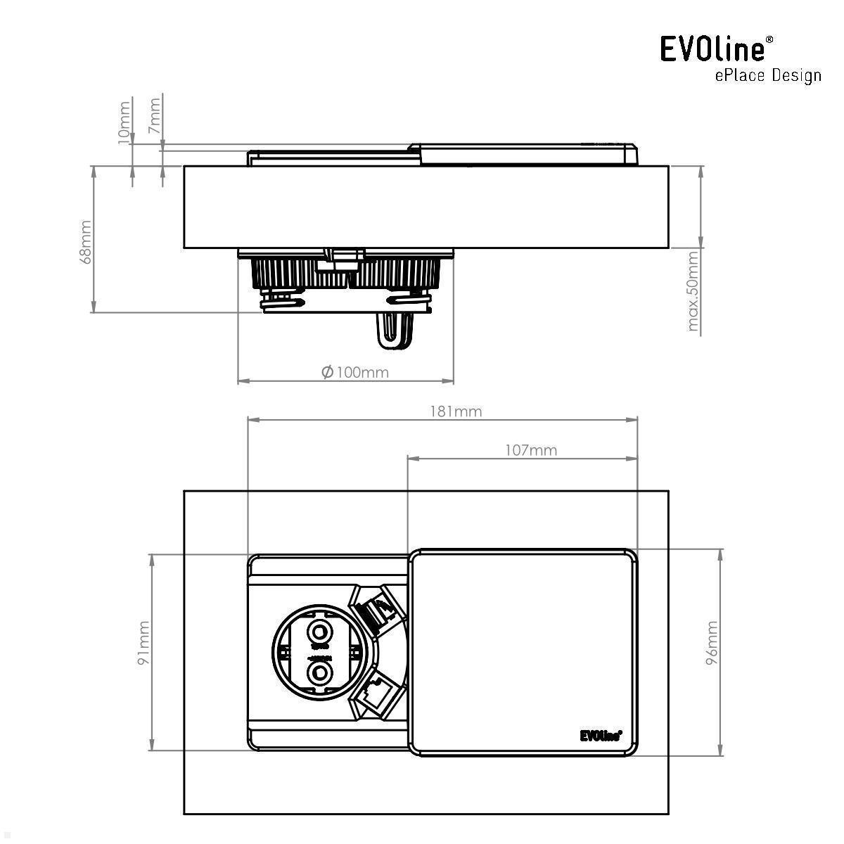 EVOline Square80 Einbausteckdose mit 2x USB Charger, schwarz technische Zeichnung