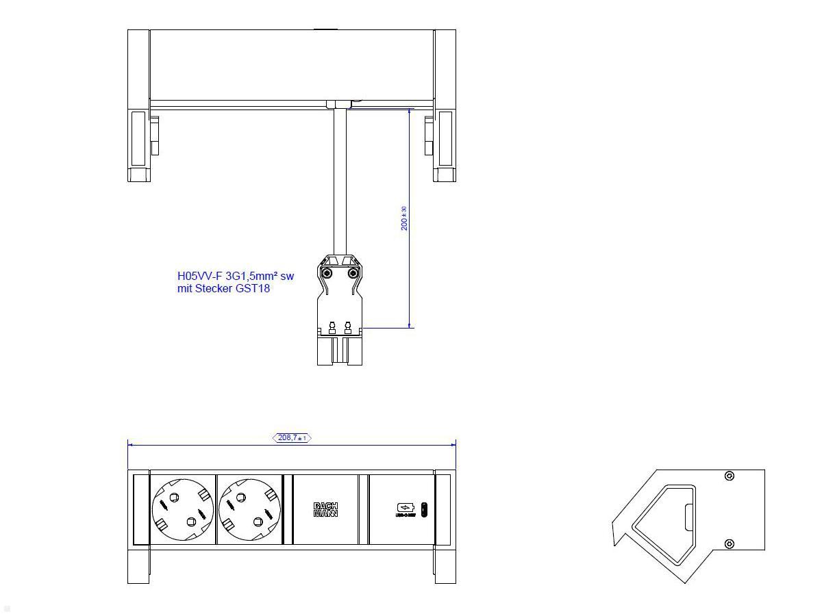 Bachmann DESK 2, 2x Steckdose, 1 USB-C Charger 30W (902.902) Inox, techn. Zeichnung