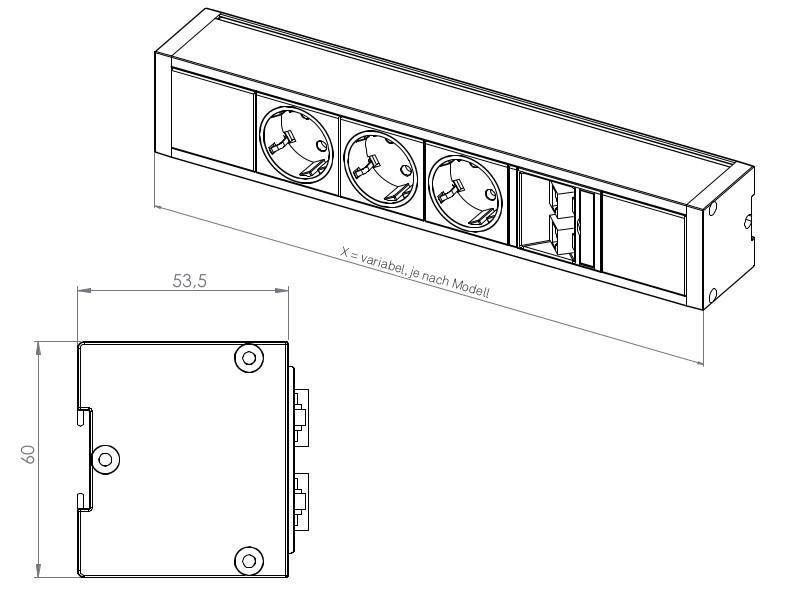 EVOline U-Dock Data small 3x Steckdose ohne Befestigungswinkel, silber technische Zeichnung