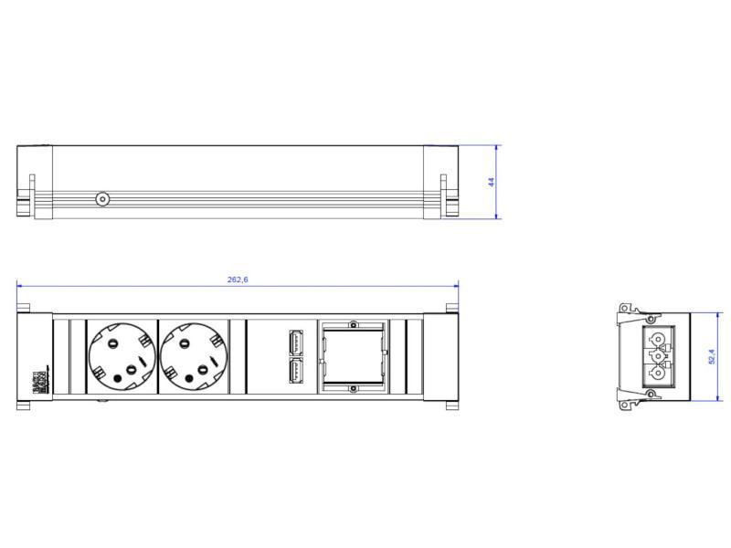 Bachmann CONFERENCE / TOP FRAME 4-fach 2x Steckdose, 1x CM, 1x USB (909.0056) Zeichnung