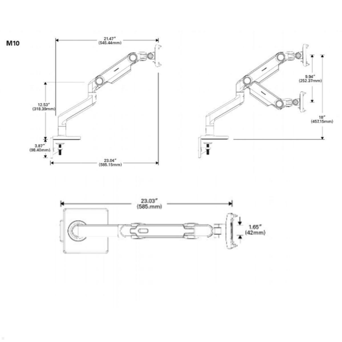 Humanscale M10 3-fach Monitorhalterung schräg mit Tischklemme (M10CMWBLB), Technische Zeichnung