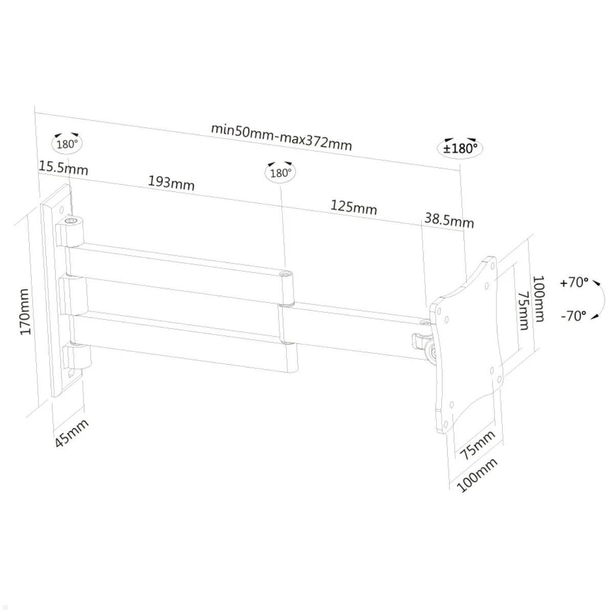 Neomounts FPMA-W830 schwenkbare TV Wandhalterung 10-27 Zoll, silber, technische Zeichnung