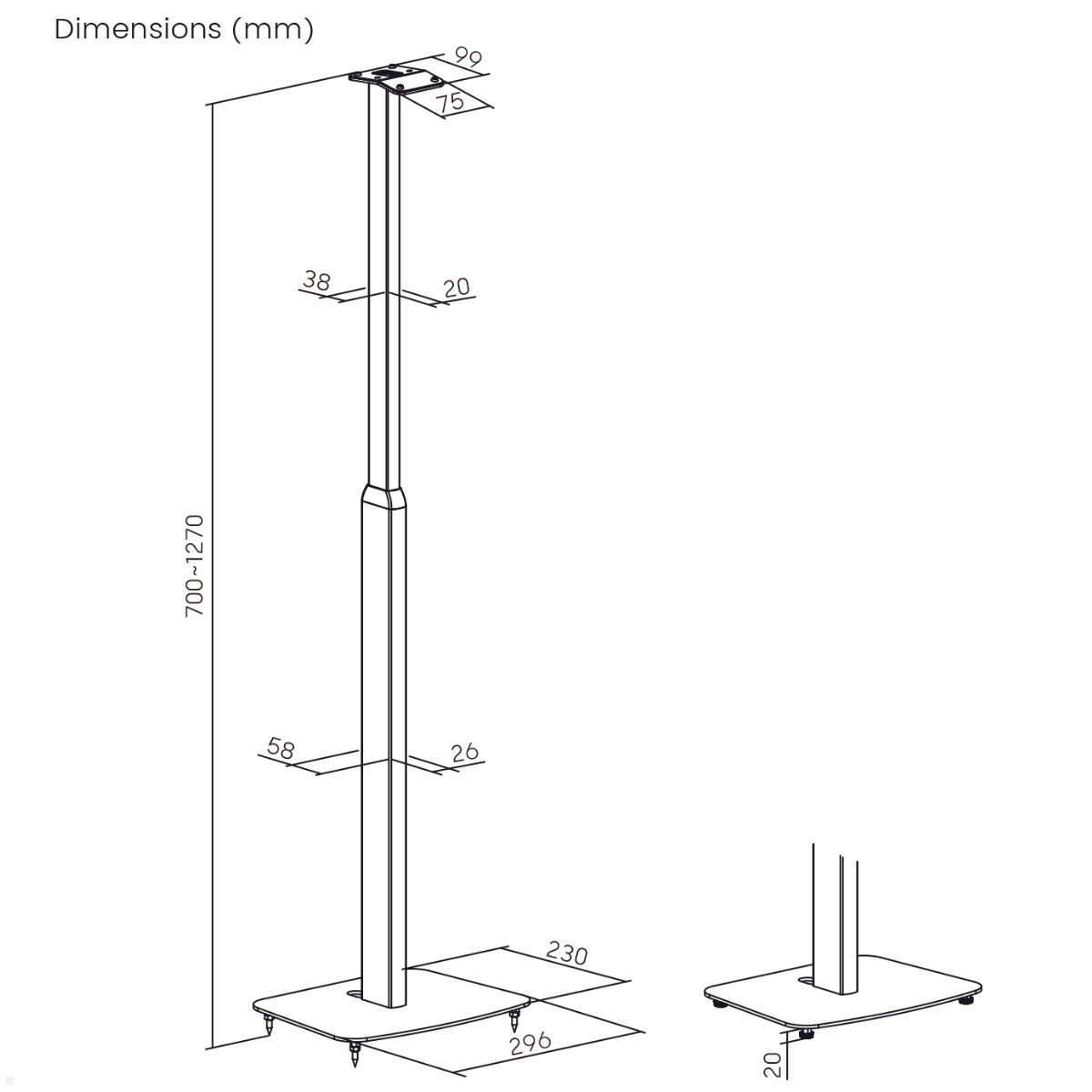 TecLines TLH006B 2x Lautsprecher Ständer Sonos Era 300 höhenverstellbar, schwarz, technische Zeichnung