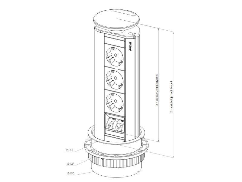 EVOline Port Data zweifache versenkbare Steckdose 2x CAT6, silber, Maße