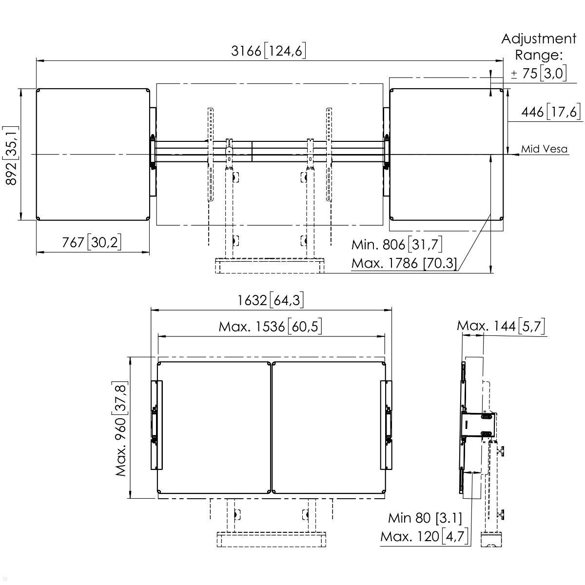 Vogels RISE A216 Zubehör Whiteboard Set 65 Zoll für TV Boden-Wandhalter, technische Zeichnung