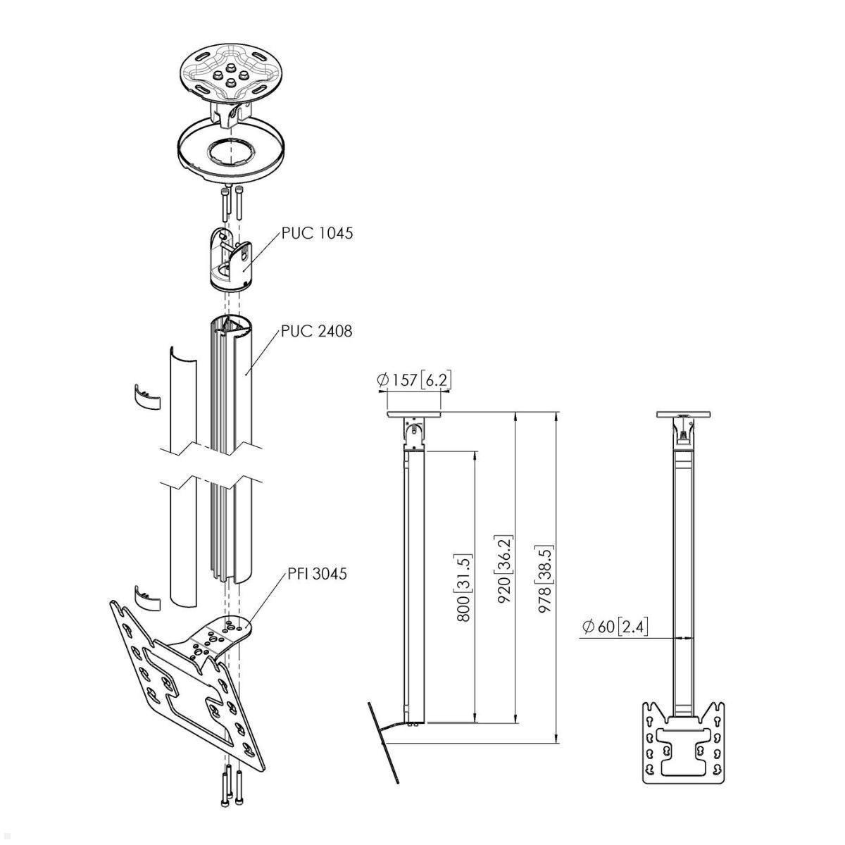 Vogels Connect-it CT240822S Deckenhalter bis 43 Zoll, silber, Zeichnung Maße