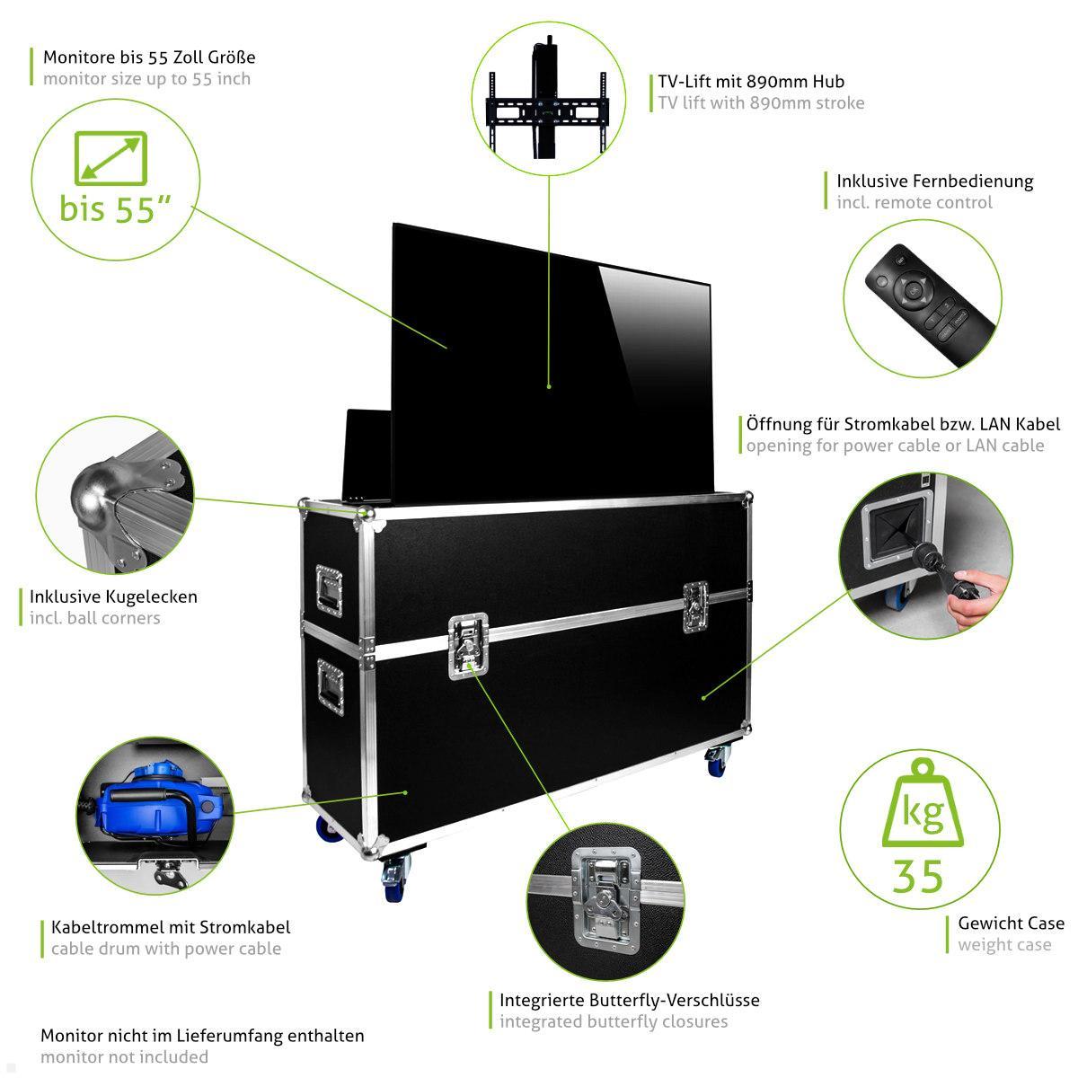 MonLines MTL002 FLYcase TV Lift im Transportcase bis 55 Zoll Funktionen