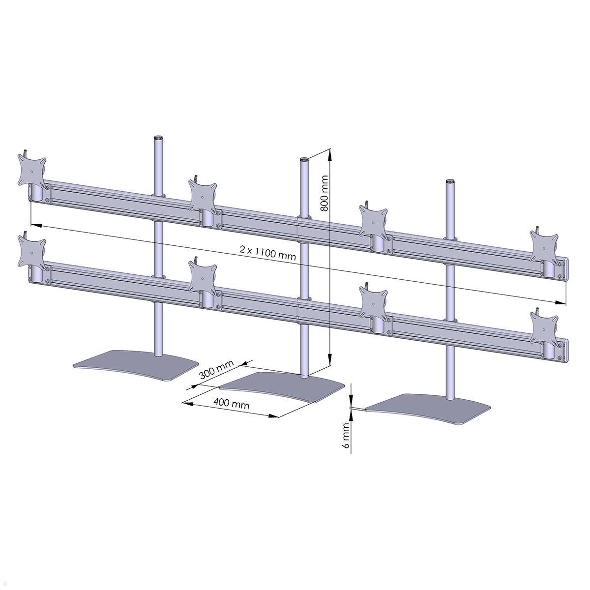 MonLines MTH288G Flat 4+4 Monitorhalterung mit Tischstandfuß bis 32 Zoll, grau, Zeichnung Maße