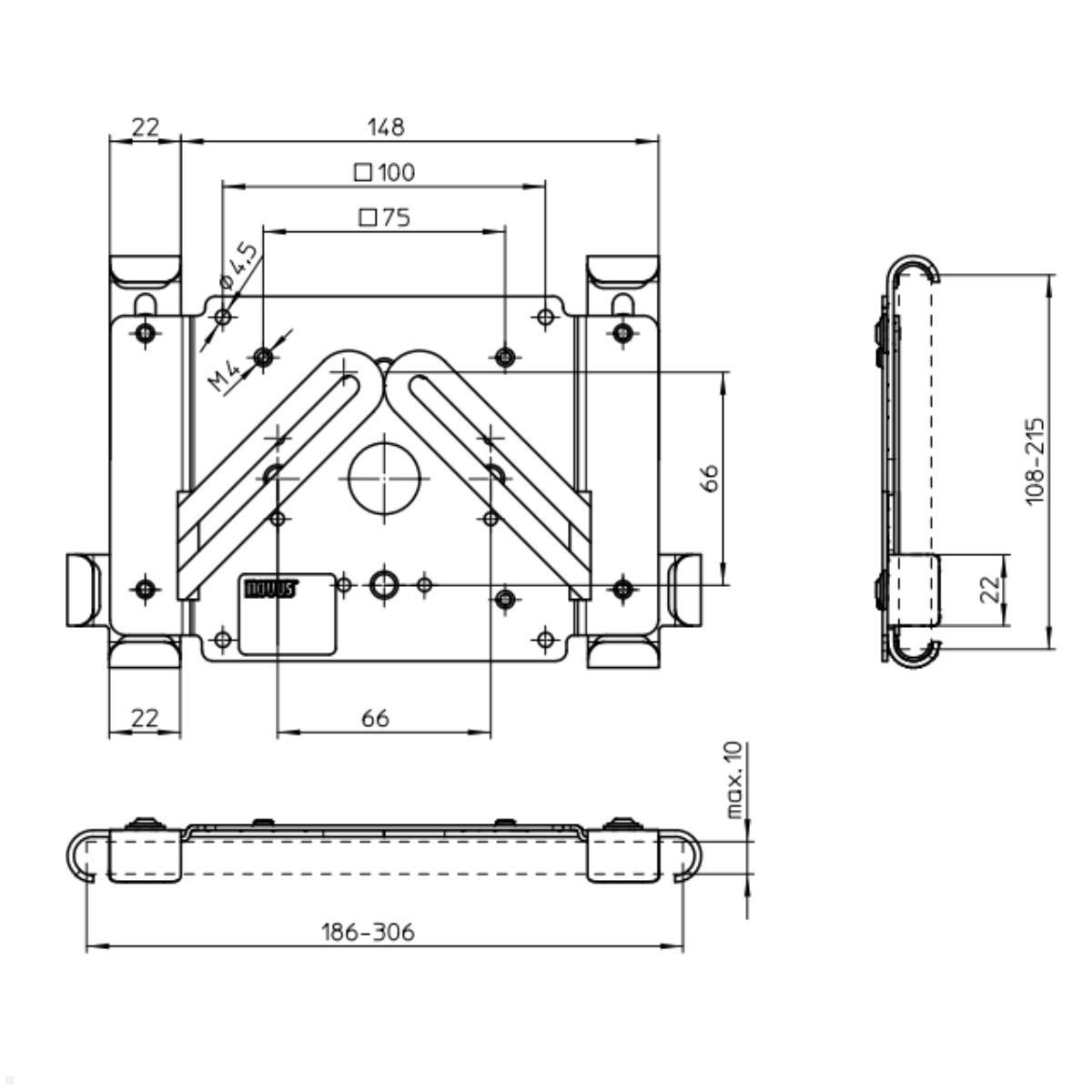 TabLines TBSfix001W Bodenständer mit Universal Tablethalter bis 11 Zoll, Zeichnung Maße Halter