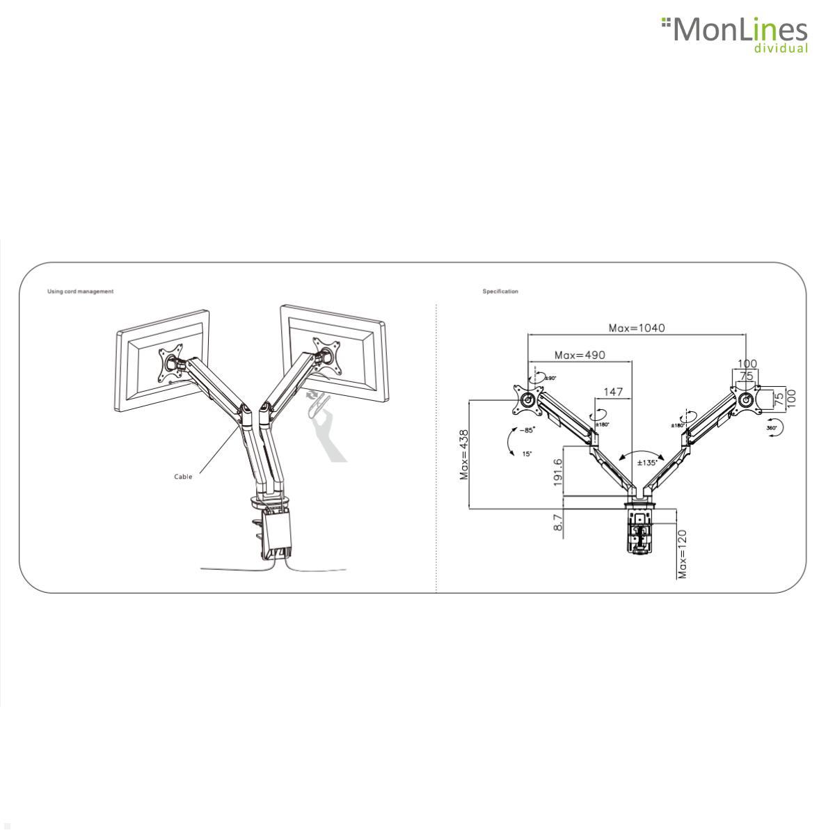 MonLines MTH008B Monitorhalterung 2 Monitore höhenverstellbar, schwarz technische Zeichnung