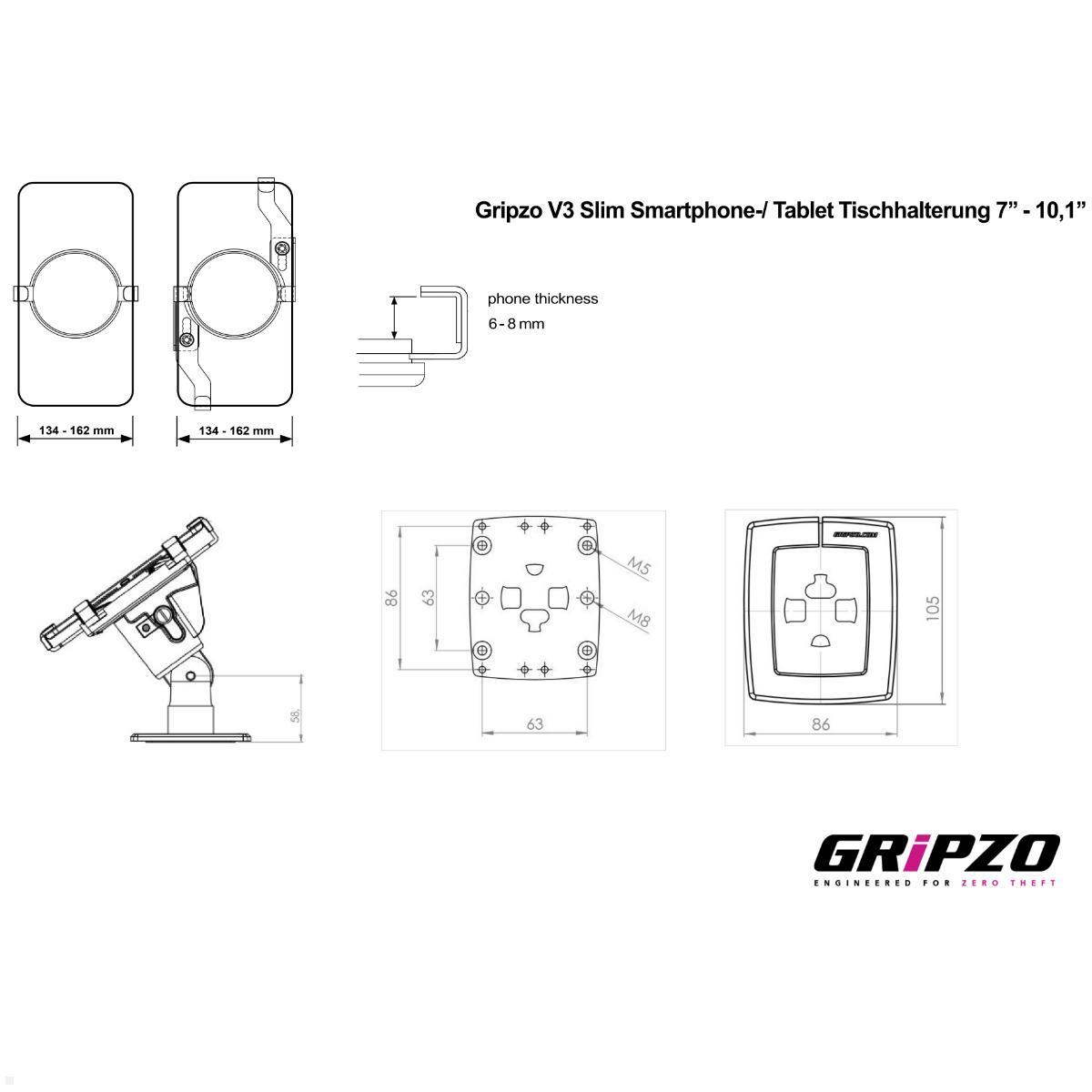 Gripzo V3 Slim Smartphone-/ Tablet Tischhalterung 7  bis 10,1 Zoll, Diebstahlschutz, technische Details