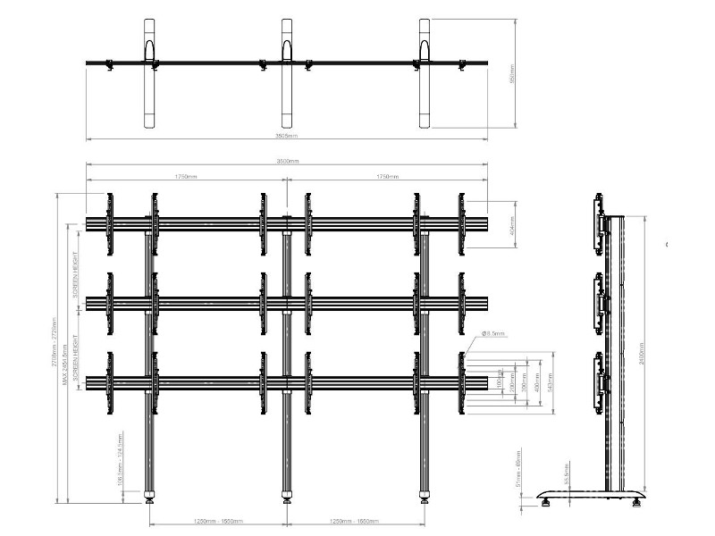 B-Tech BT8370-3x3-60/BB System X Video Wall Standfuß 55"-60" Maße