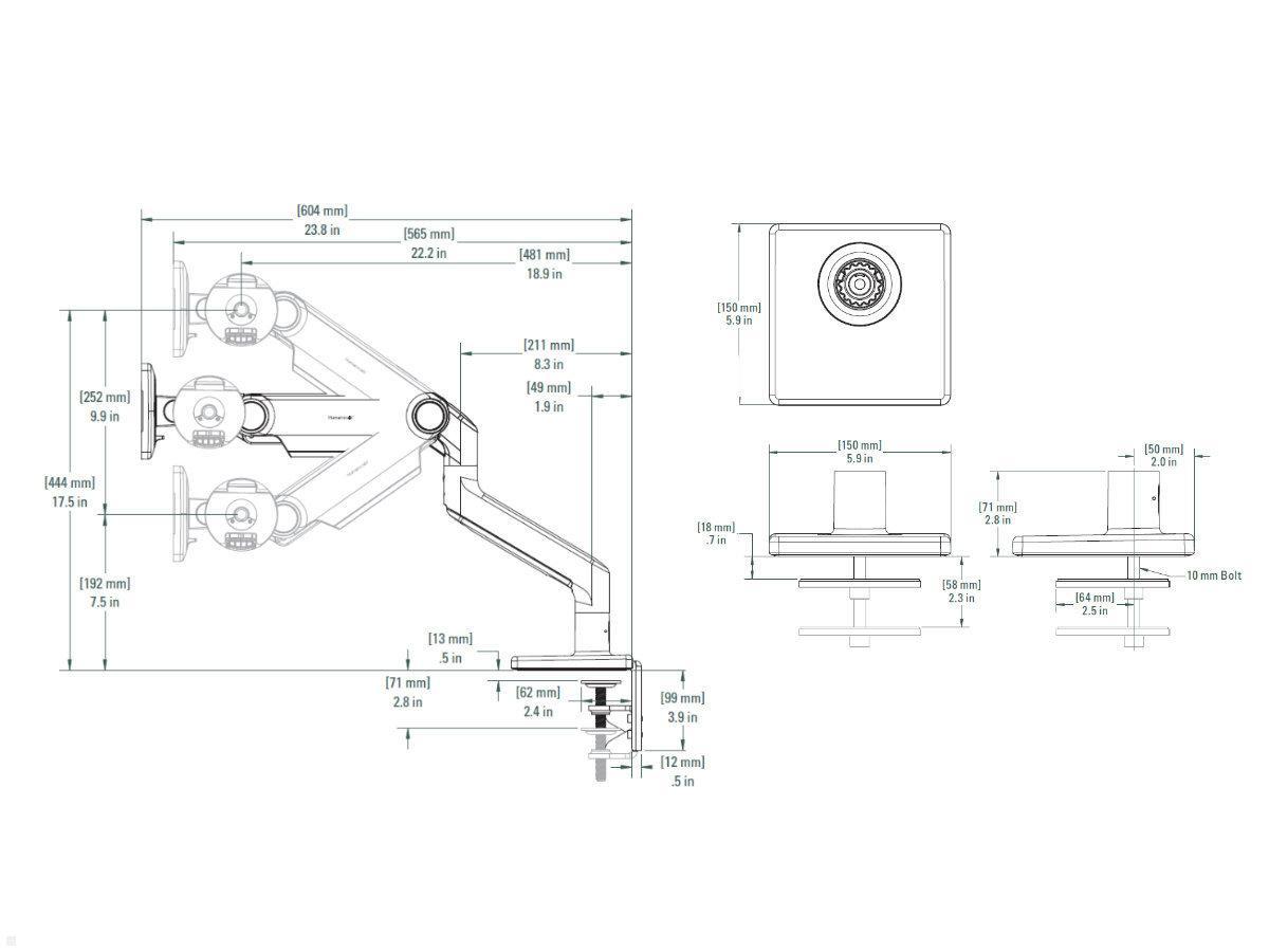 Humanscale M8.1 Monitor Tischhalterung Durchschraub, silber, Technische Zeichnung