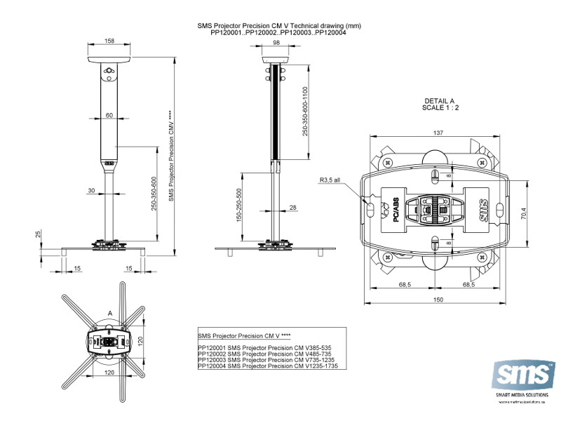 SMS Beamer Deckenhalterung CM V 485-735mm weiß (PP120002) Maße