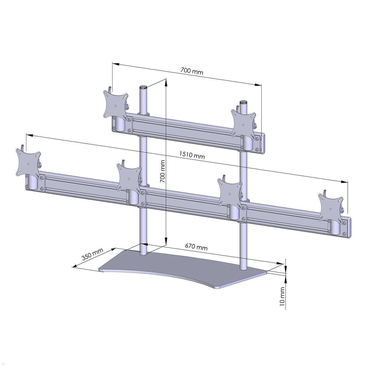 MonLines MTH291G Flat 4+2 Monitorhalterung mit Tischstandfuß bis 19 Zoll, grau, Zeichnung Maße