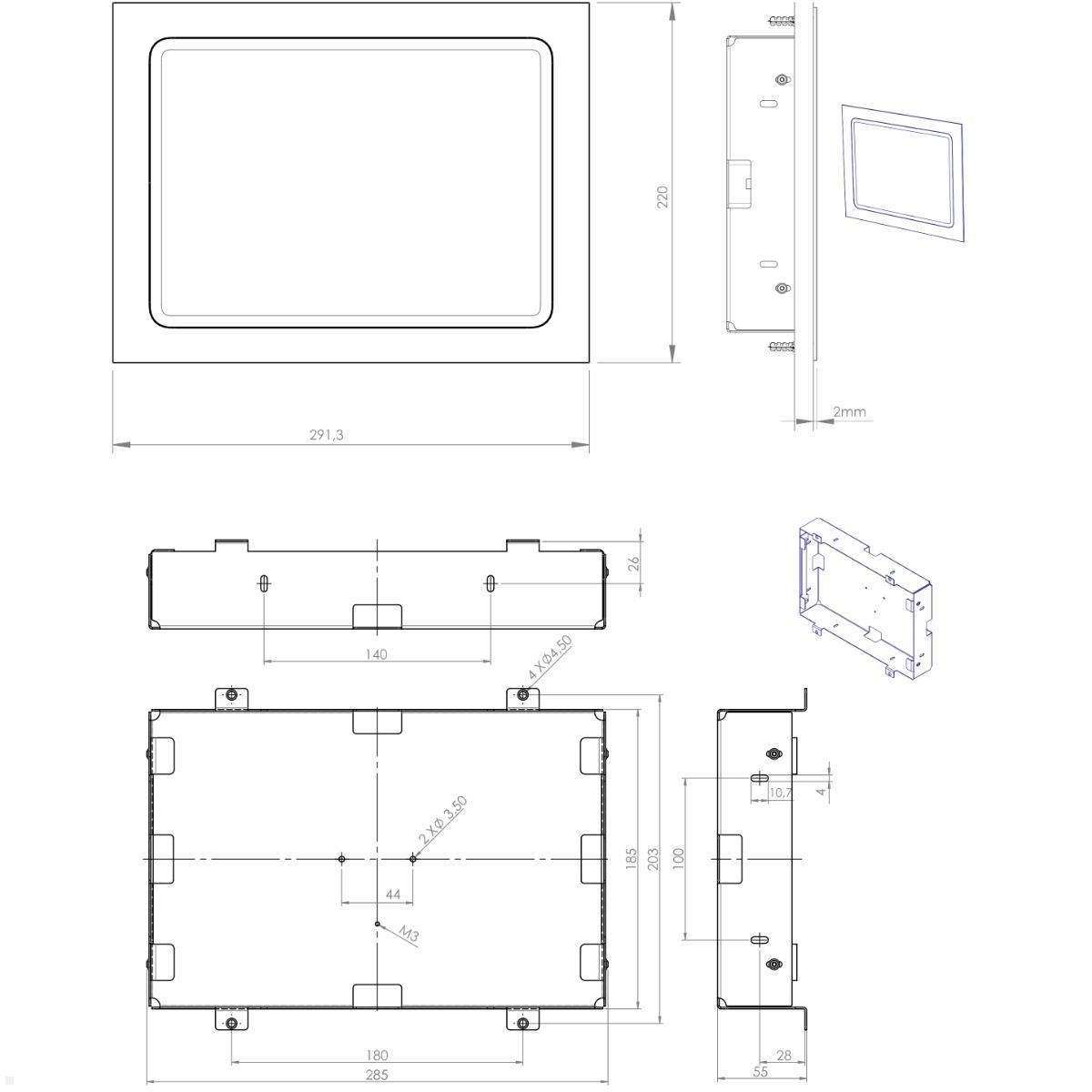 Displine Whiz Tablet Wandeinbau für Apple iPad Air / Pro, schwarz eloxiert, technische Zeichnung