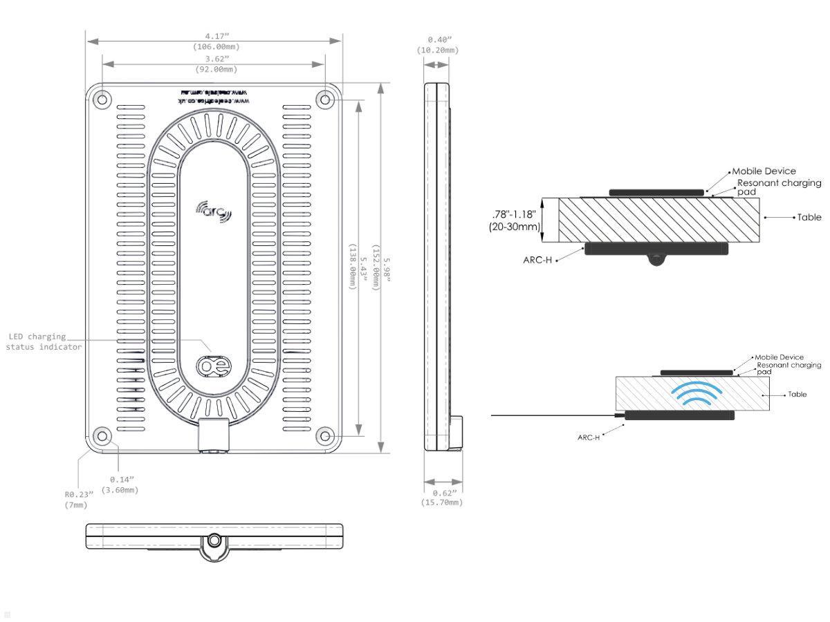 oe electrics ARC-H LD kabelloses Durchtisch Qi Schnellladegerät, technische Zeichnung