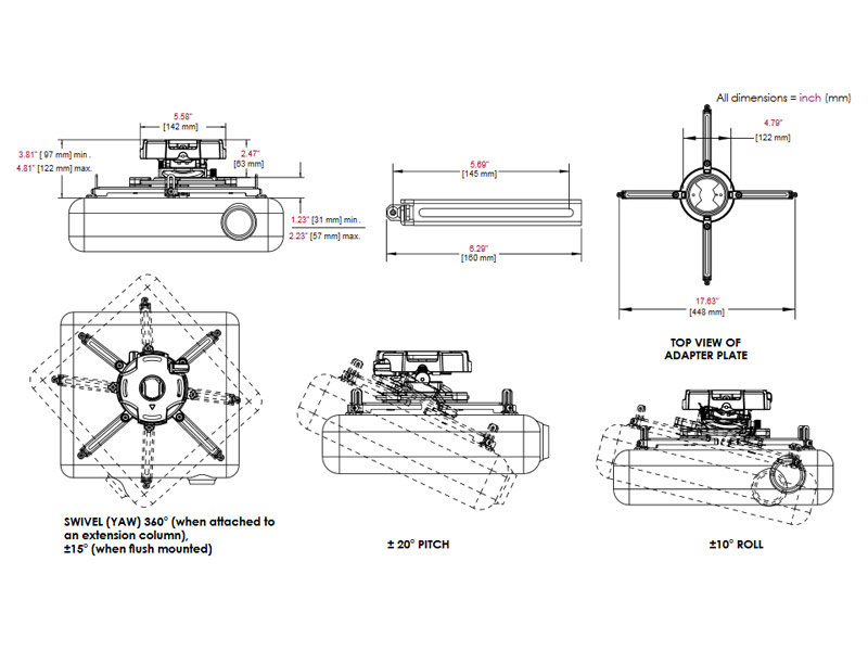 Peerless PRG-UNV Präzisions Beamer Deckenhalterung Einstellmöglichkeiten