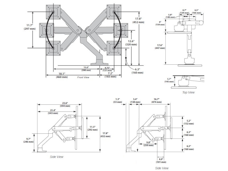 Ergotron HX Arm Monitor Tischhalterung für USM Tische (46-476-217) Maße