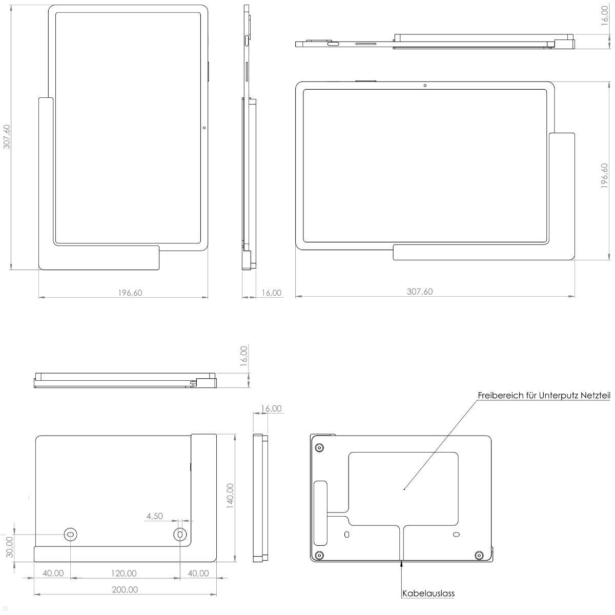 TabLines TWP042S Wandhalterung für Samsung Tab S10+ 12.4, silber, technische Zeichnung