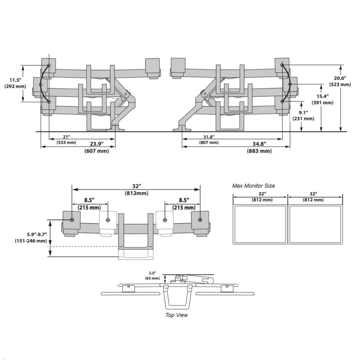 Ergotron HX Dual Monitorhalterung für 2 Monitore mit C-Klemme (45-521-216) Maße
