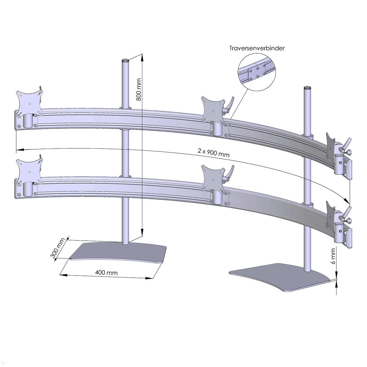 MonLines MTH300G Para 3+3 Monitor Tischhalter Standfuß bis 32 Zoll, grau, Zeichnung Maße