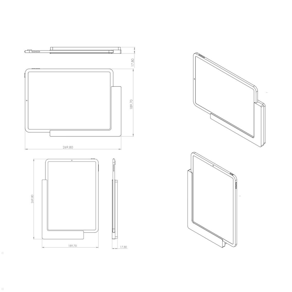 TabLines TWP005B Wandhalterung für iPad Air 4 und 5 10.9, schwarz, Zeichnung Maße mit Tablet