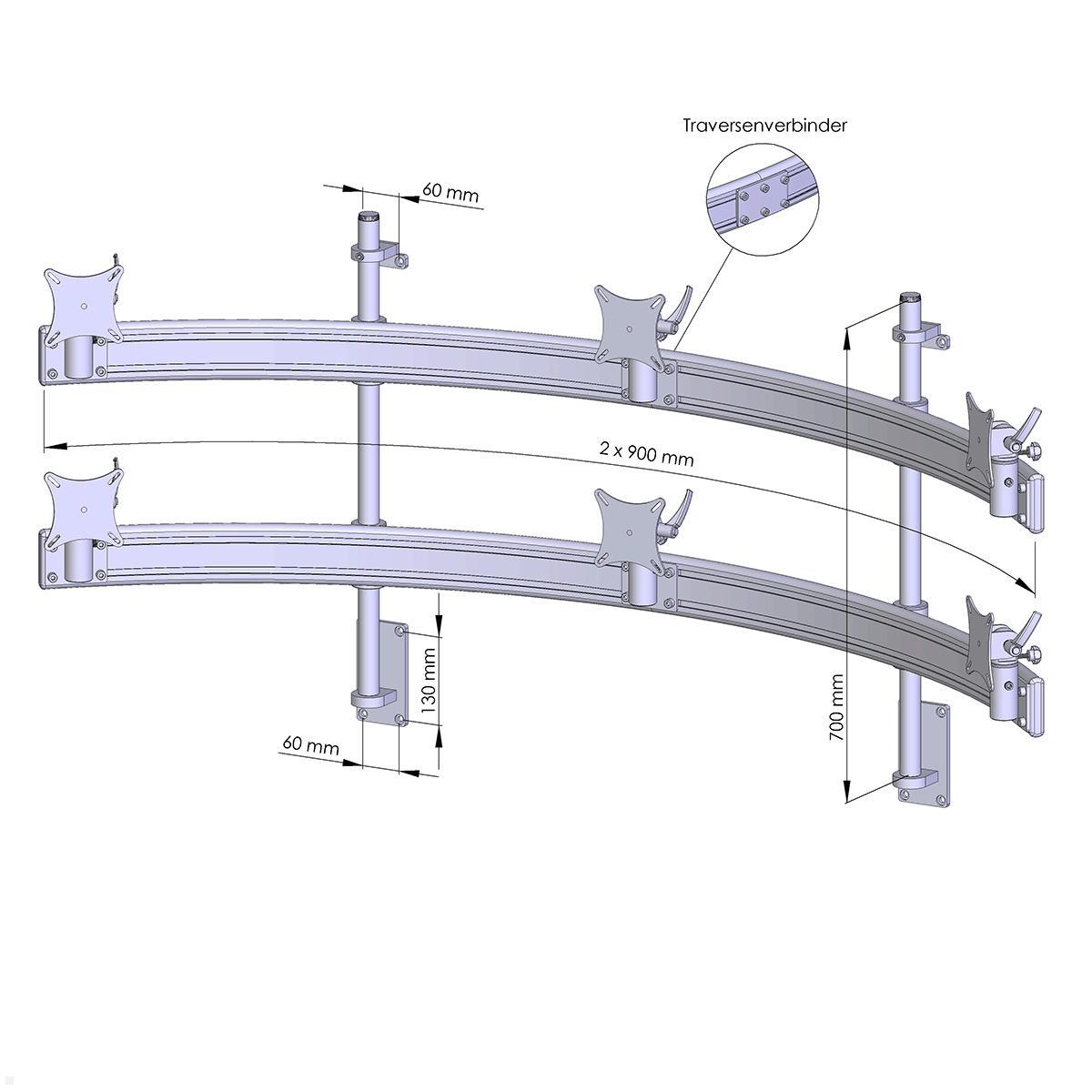 MonLines MWH225B Para 3+3 Monitor Wandhalterung bis 32 Zoll, schwarz, Zeichnung Maße