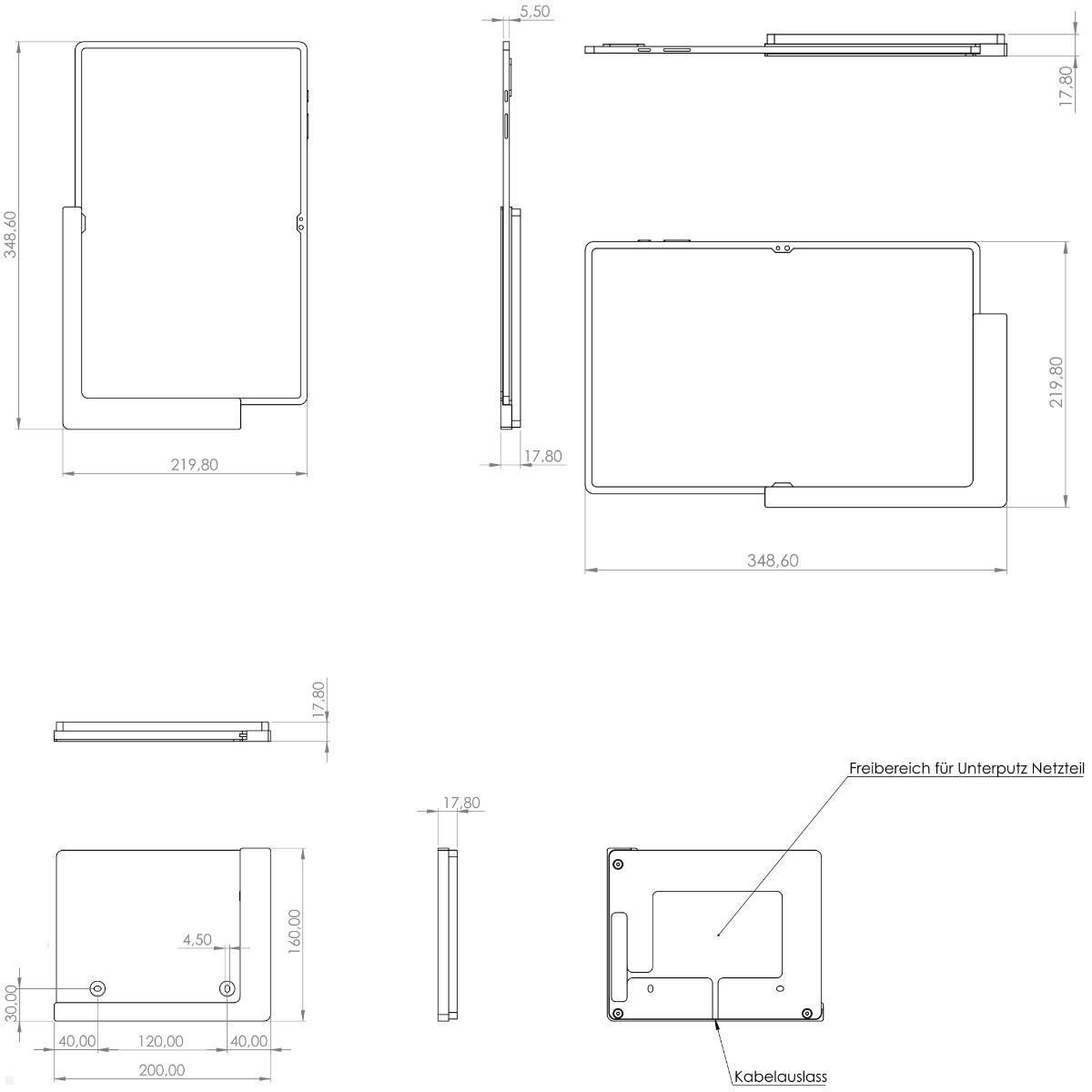 TabLines TWP041B Wandhalterung für Samsung Tab S10 Ultra 14.6, schwarz, technische Zeichnung