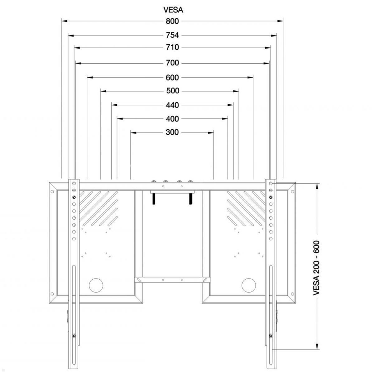 Conen Lite elektrischer TV Ständer 42-86 Zoll 900 mm Hub, schwarz, technische Zeichnung VESA Halterung