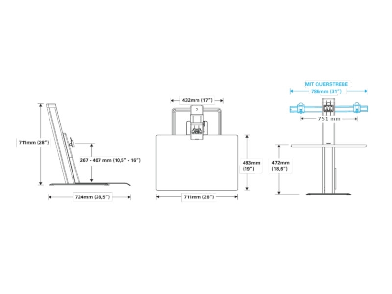 Humanscale QuickStand Eco Dual Steh-Sitz Arbeitsplatz, schwarz Befestigung von 2 Monitoren Maße