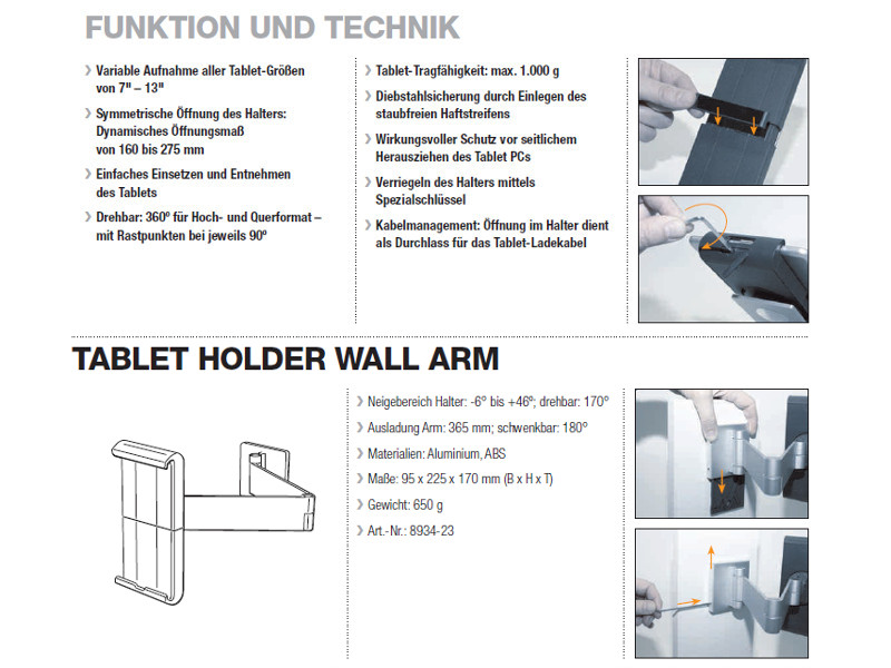 Durable 8934 Tablet Holder Wall Arm Funktionen