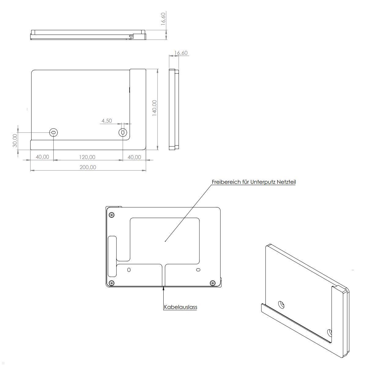 TabLines TWP013S Wandhalterung für Samsung Tab S7 FE 12.4, silber, Zeichnung Maße Installation