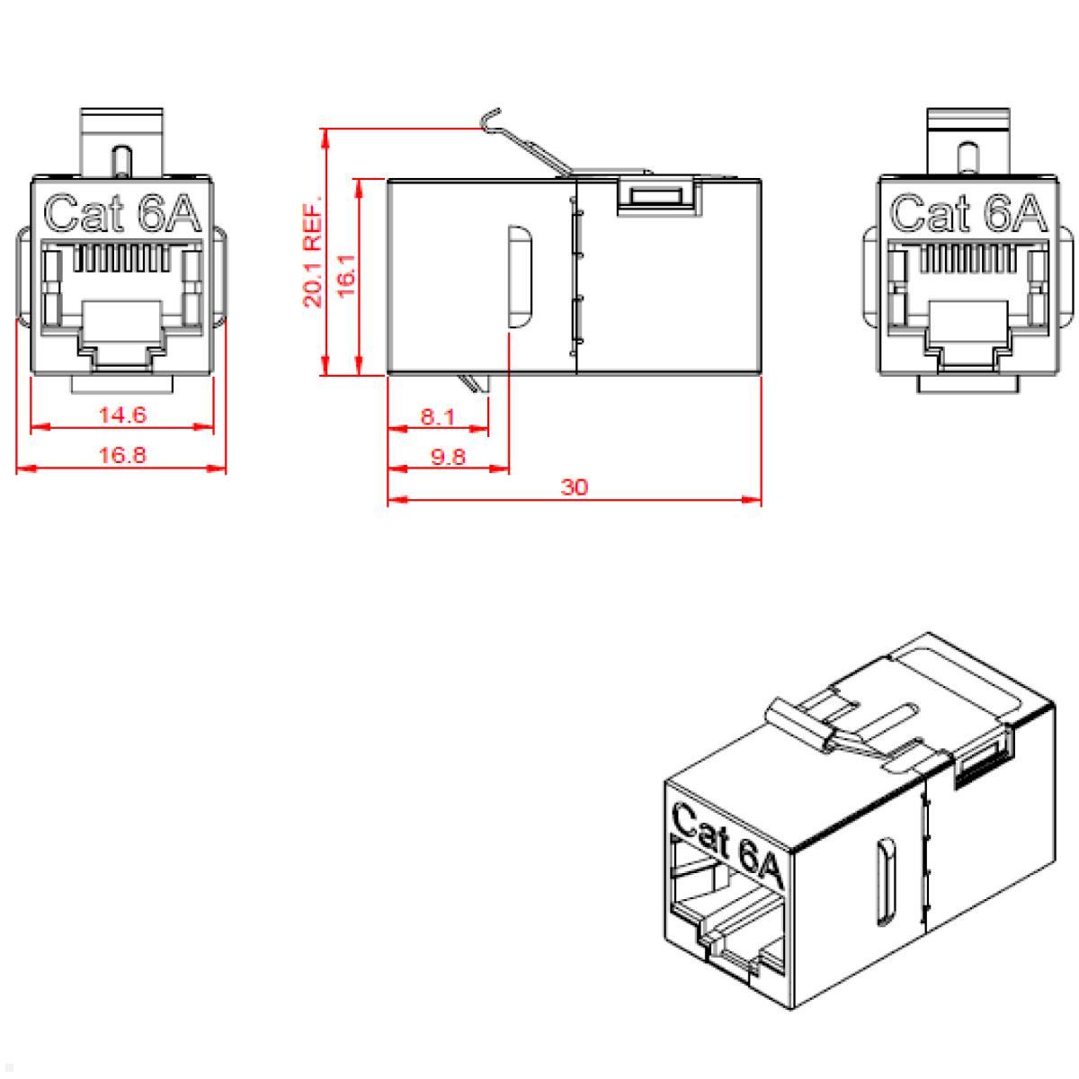 Bachmann UNIVERSAL Steckdosenleiste 3x Steckdose 2x CAT6A (922.0111C), technische Zeichnung Keystone Modul