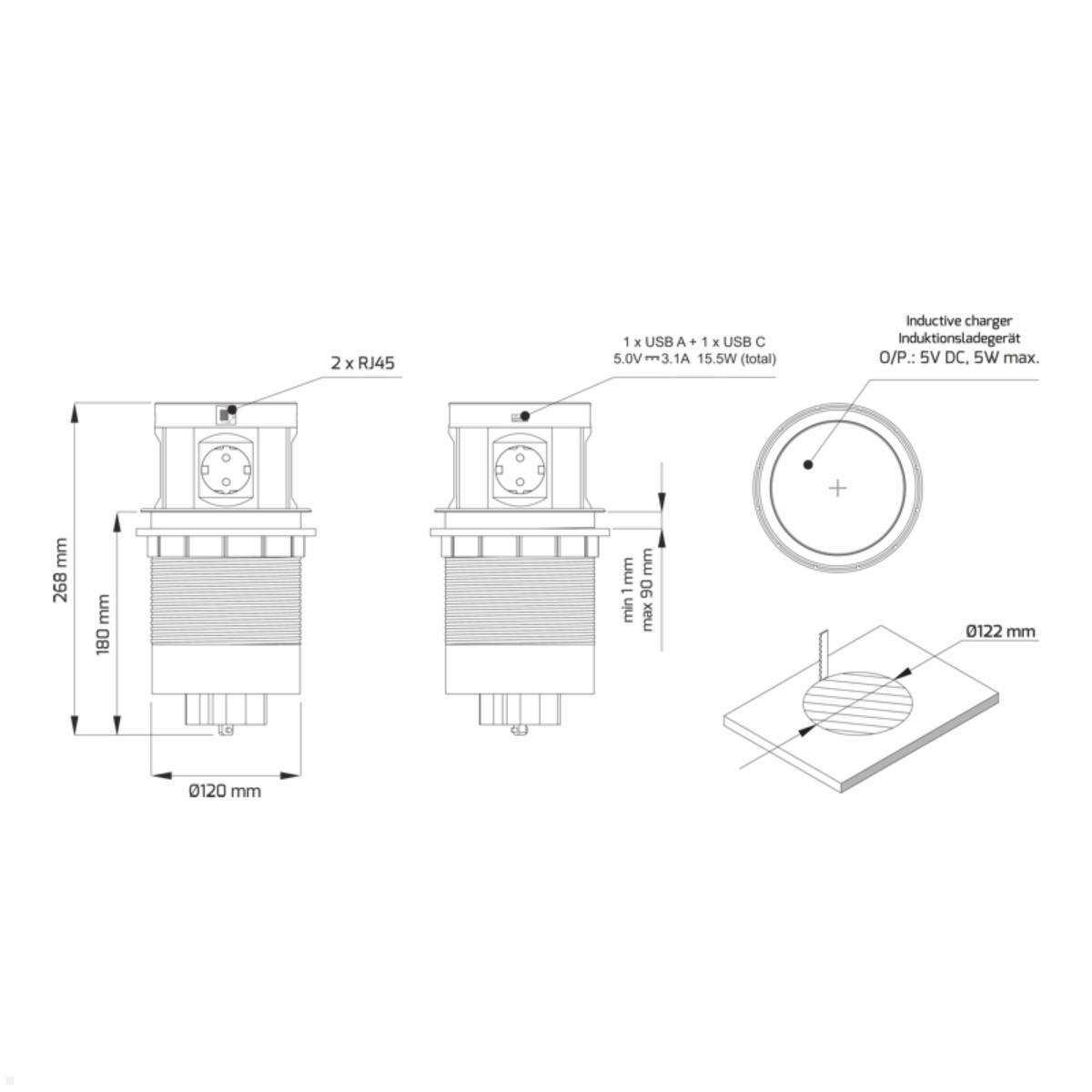 TecLines TVS010B versenkbare 4-fach Steckdose, Qi, 1x USB A/C, 2x RJ45, schwarz, Zeichnung Maße