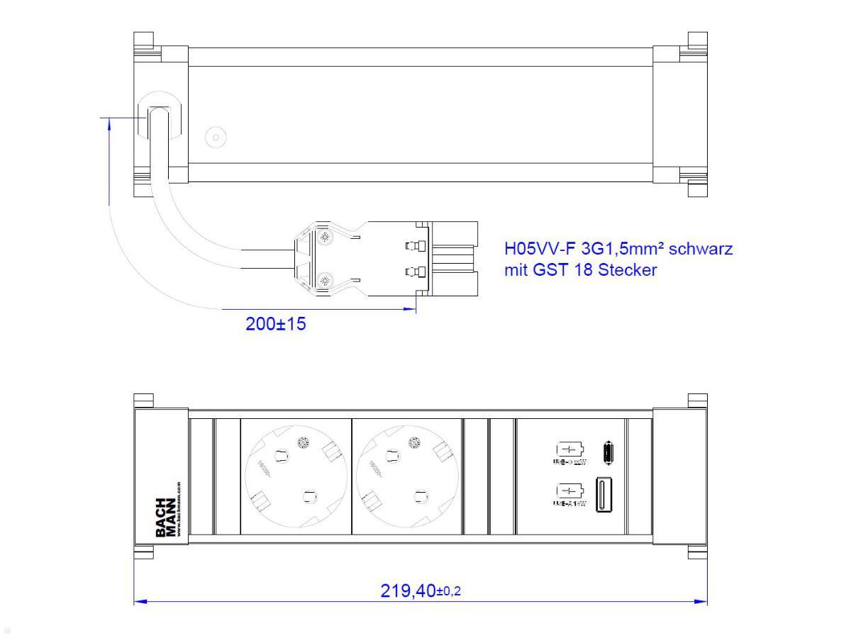 Bachmann Power Frame, 2x Steckdose, 1 USB-C / USB-A Charger (916.501), techn. Zeichnung