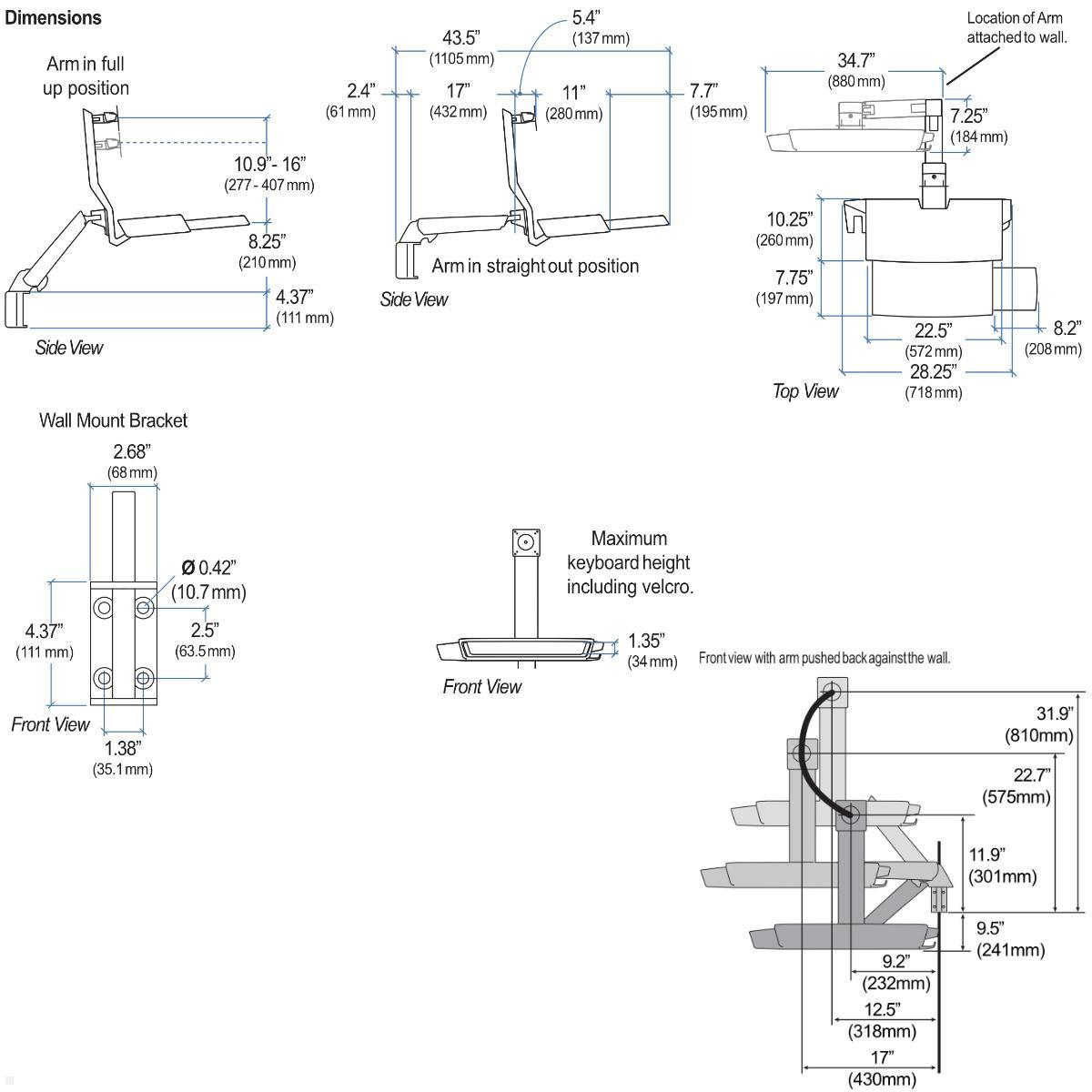 Ergotron StyleView Combo Arm Wandhalterung für Monitor, Tastatur (45-583-026), technische Zeichnung