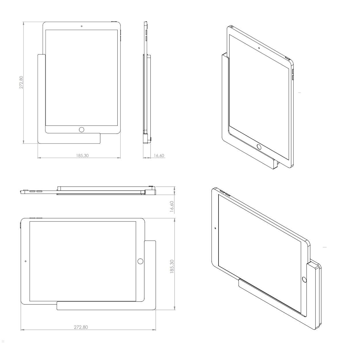 TabLines TWP015W Wandhalterung für Apple iPad Air 3 10.5 (2019), weiß, Zeichnung Maße mit Tablet