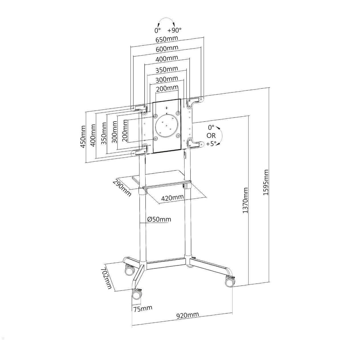 PureMounts PM-CART-80W TV Ständer mit Rollen bis 80 Zoll, weiß technische Zeichnung