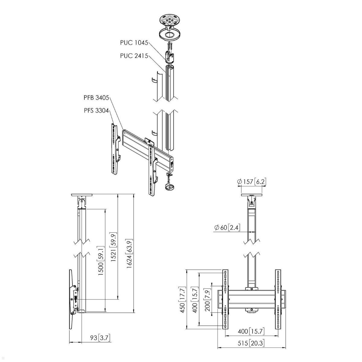 Vogels Connect-it CT241544B TV Deckenhalter bis 65 Zoll, schwarz, Zeichnung Maße