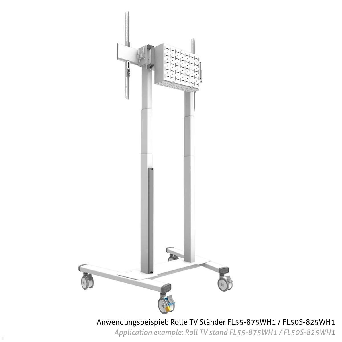 Neomounts ABL-875 Zubehör diebstahlsichere Rollen Bremssperre für TV Ständer Anwendungsbeispiel TV Ständer