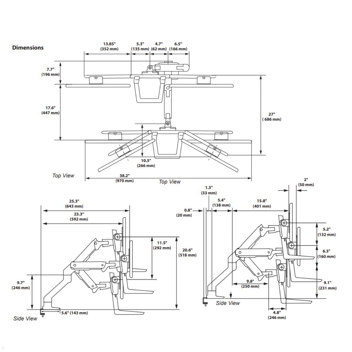 Ergotron HX Dual Monitorhalterung für 2 Monitore mit C-Klemme (45-521-216) Maße