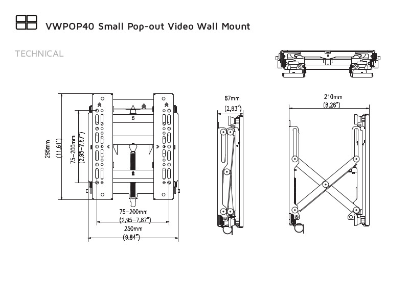 Edbak VWPOP40 schmale Videowall Pop-out Wandhalterung, 40 Zoll Technische Zeichnung