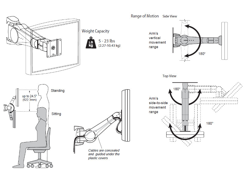 Ergotron Serie 400 Monitor Wandhalterung 45-007-085 Maße