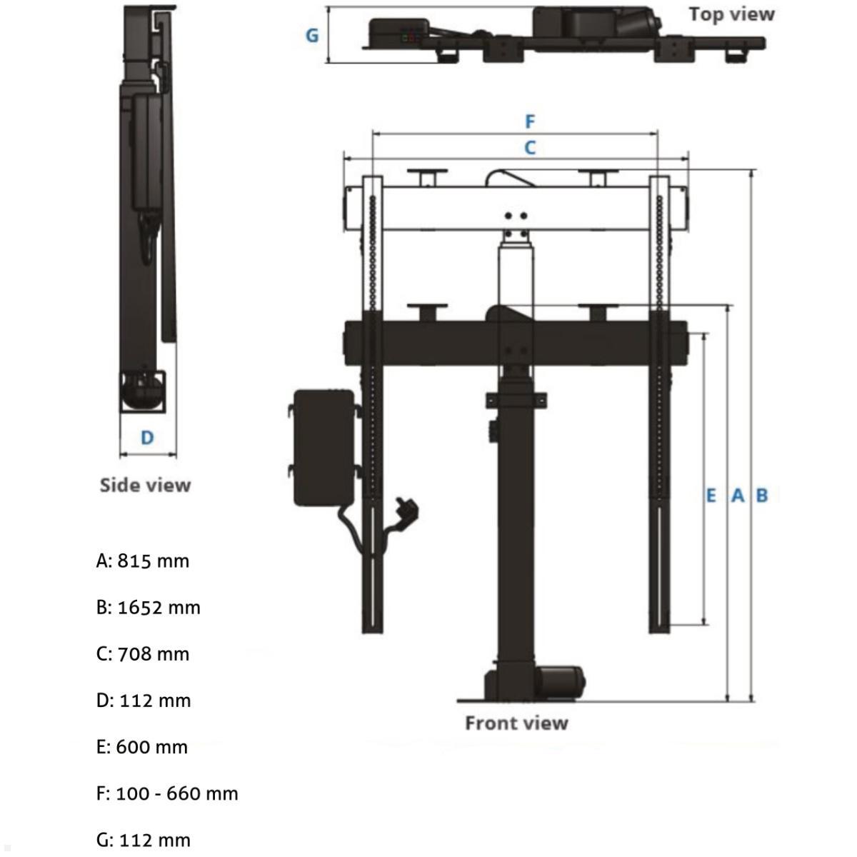 MonLines MLS018BSV TV Lift bis 60 Zoll, drehbar 225L / 90R, automatische Klappe, technische Zeichnung