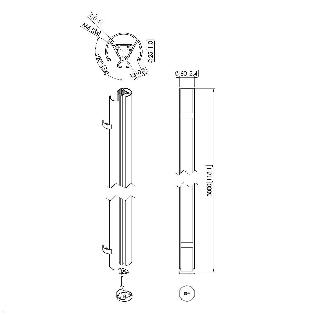 Vogels Connect-It PUC 2430 - 300 cm Säule für Deckenhalterung, silber, Zeichnung Maße