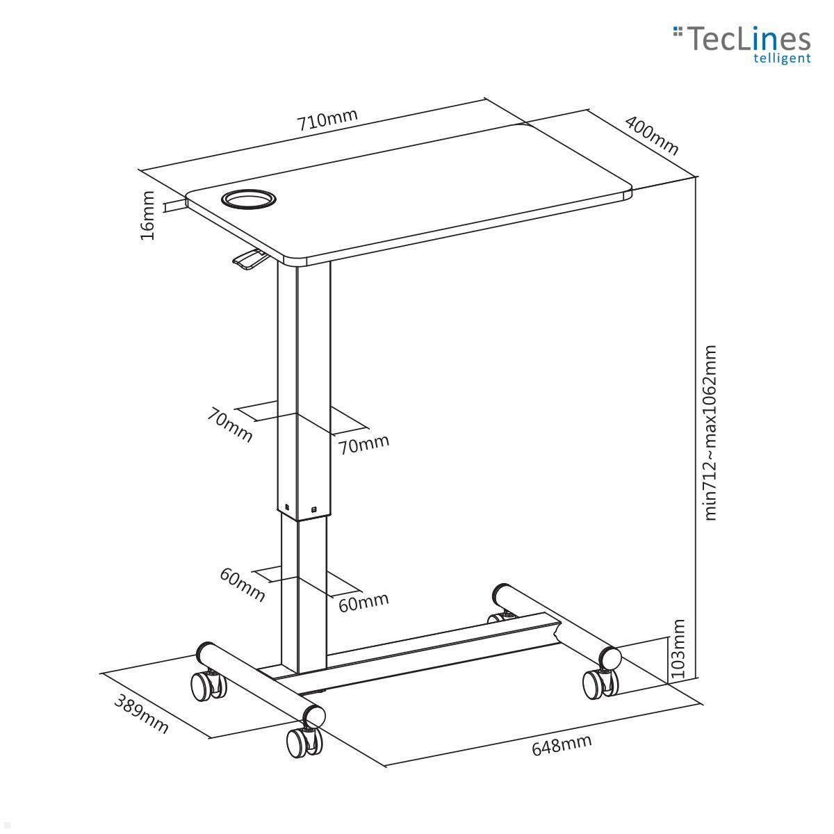 TecLines TST001W Rollbarer Steh Sitz Arbeitstisch, höhenverstellbar 710x400 mm technische Zeichnung