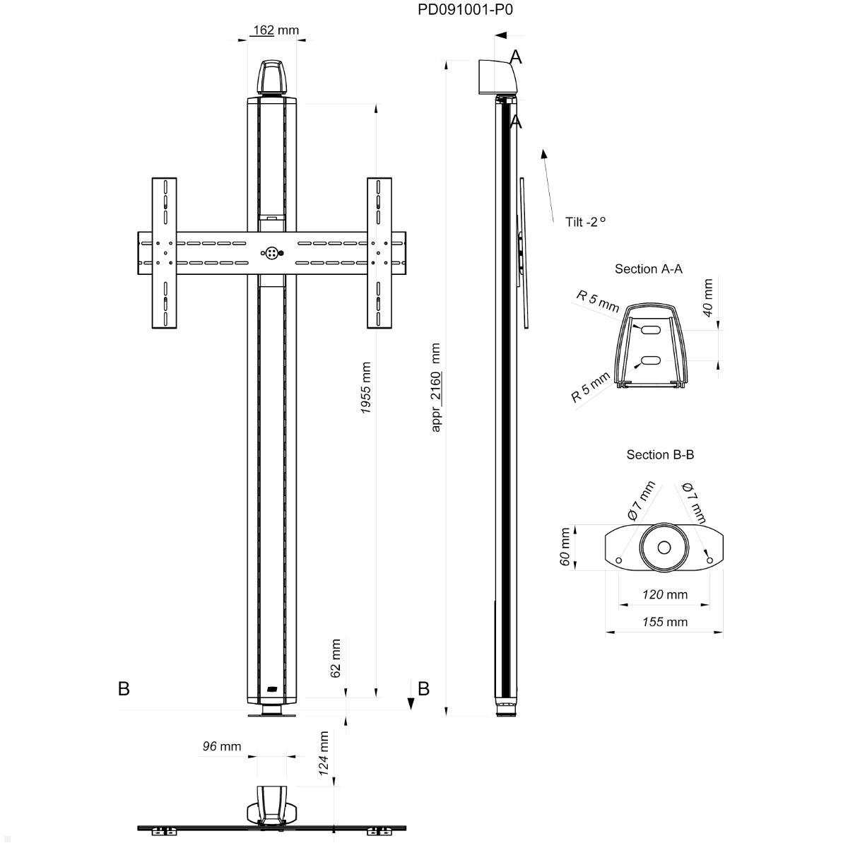 SMS Flatscreen X WFH S1955 Boden-Wandhalterung, technische Zeichnung