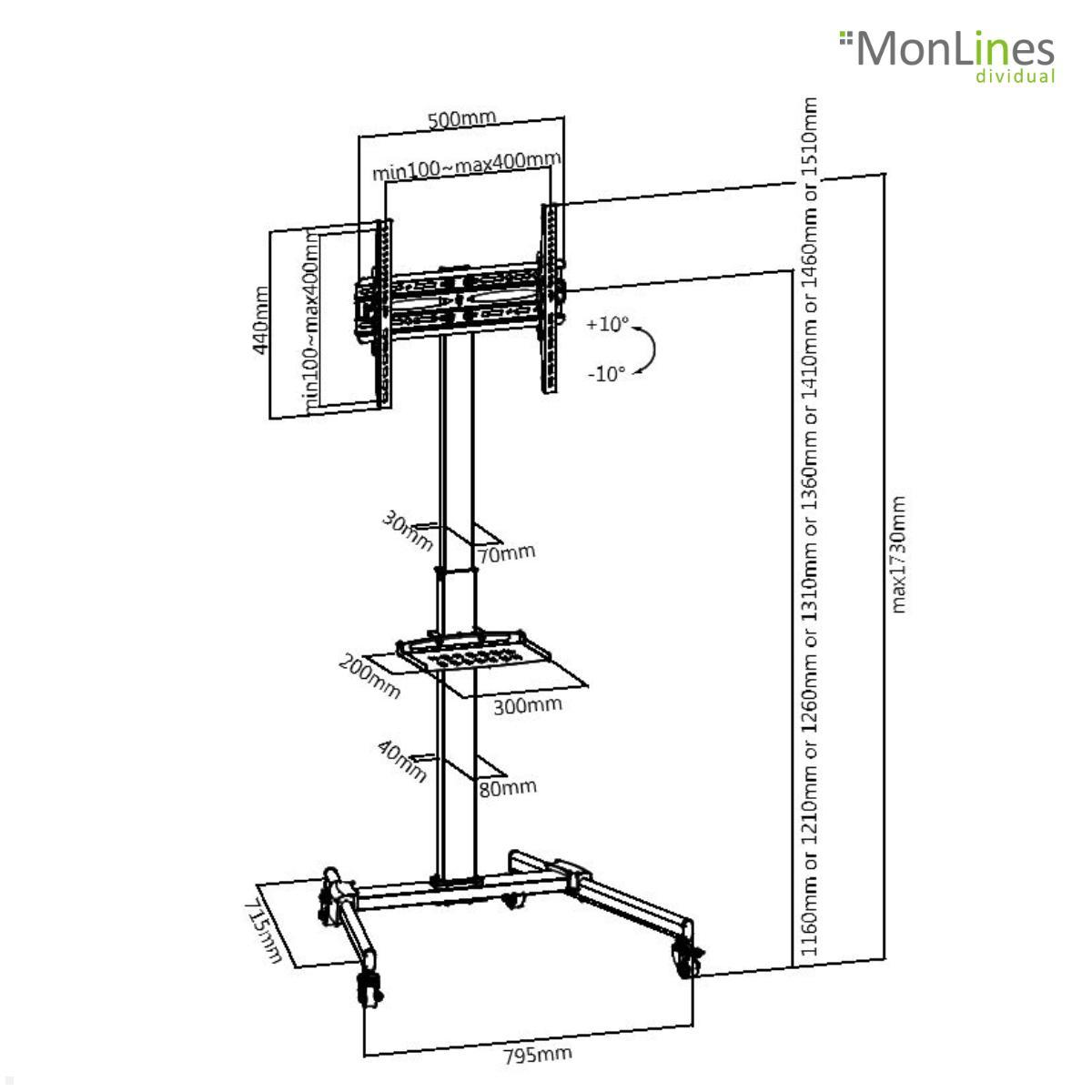 MonLines MBS015B Konferenz TV Rollwagen mit Ablage 32-55 Zoll, schwarz technische Zeichnung