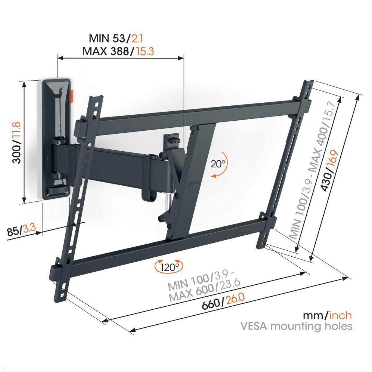 Vogels COMFORT TVM 3625 schwenkbare TV Wandhalterung 40-77 Zoll, schwarz, technische Zeichnung